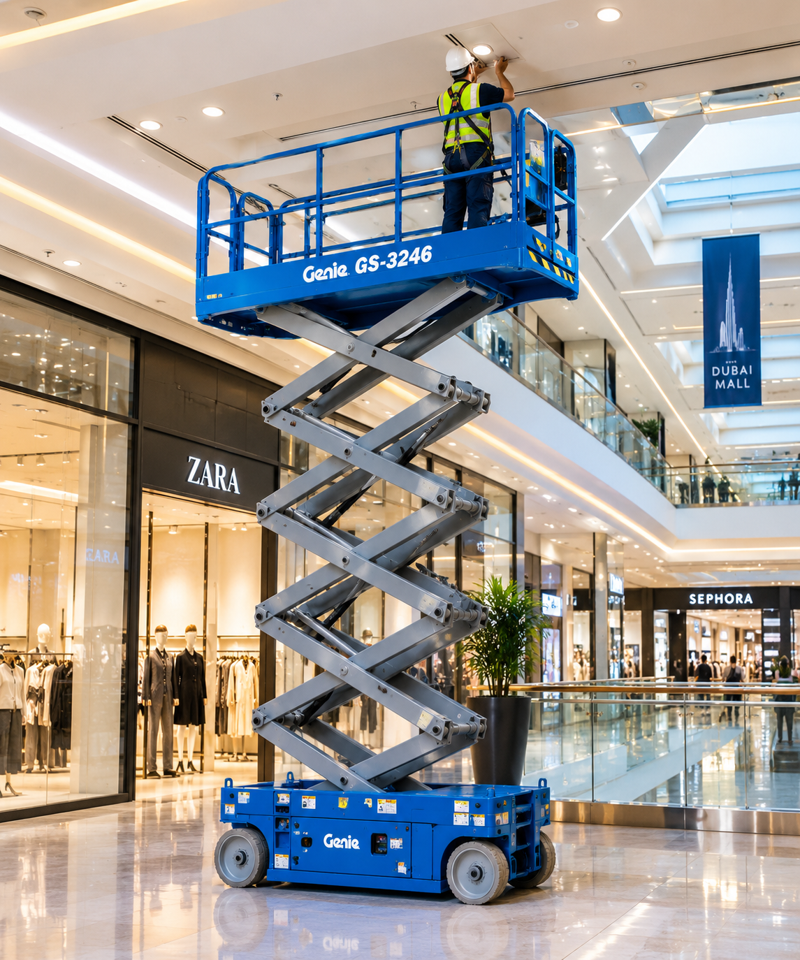 Electric scissor lift for airport and mall maintenance indoors